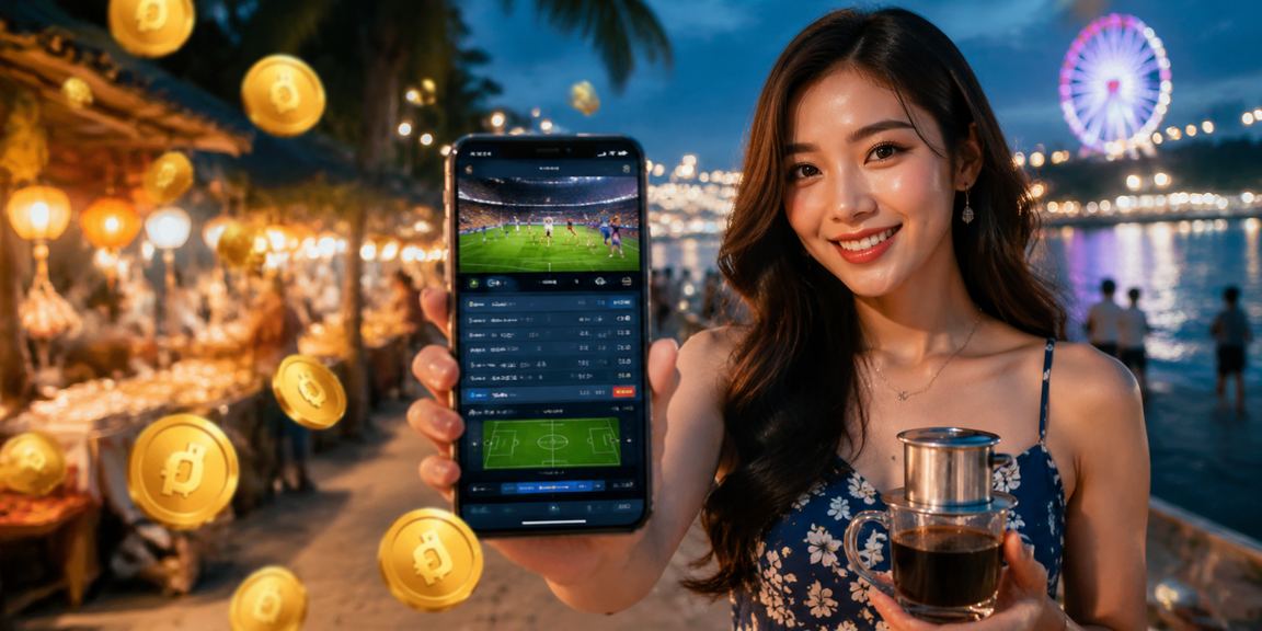 Người chơi xem tỷ lệ cá cược thể thao tại quán cà phê Phú Quốc với điện thoại trên tay